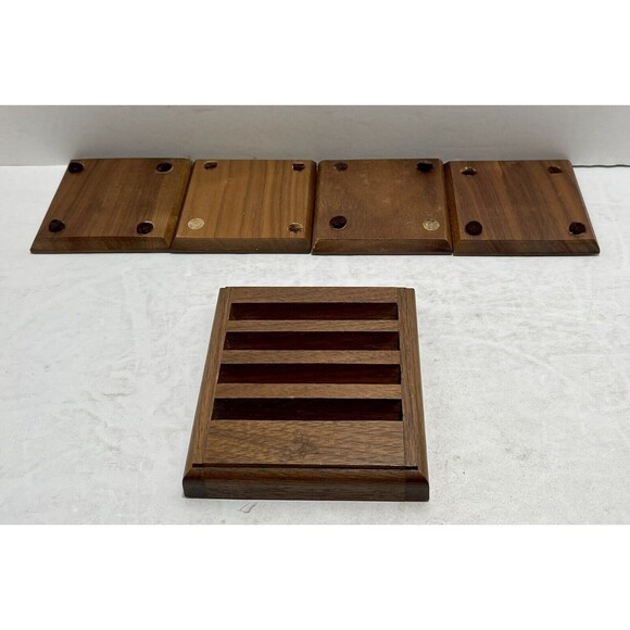 Vintage  Midcentury Modern Walnut Coaster Caddy w/ Enameled Maple Leaf - Picture 9 of 9